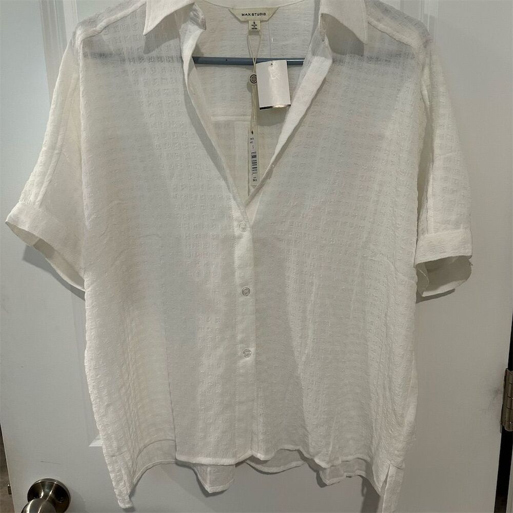 Max Studio Women's Textured White Button-Up Shirt Size S Casual Spring